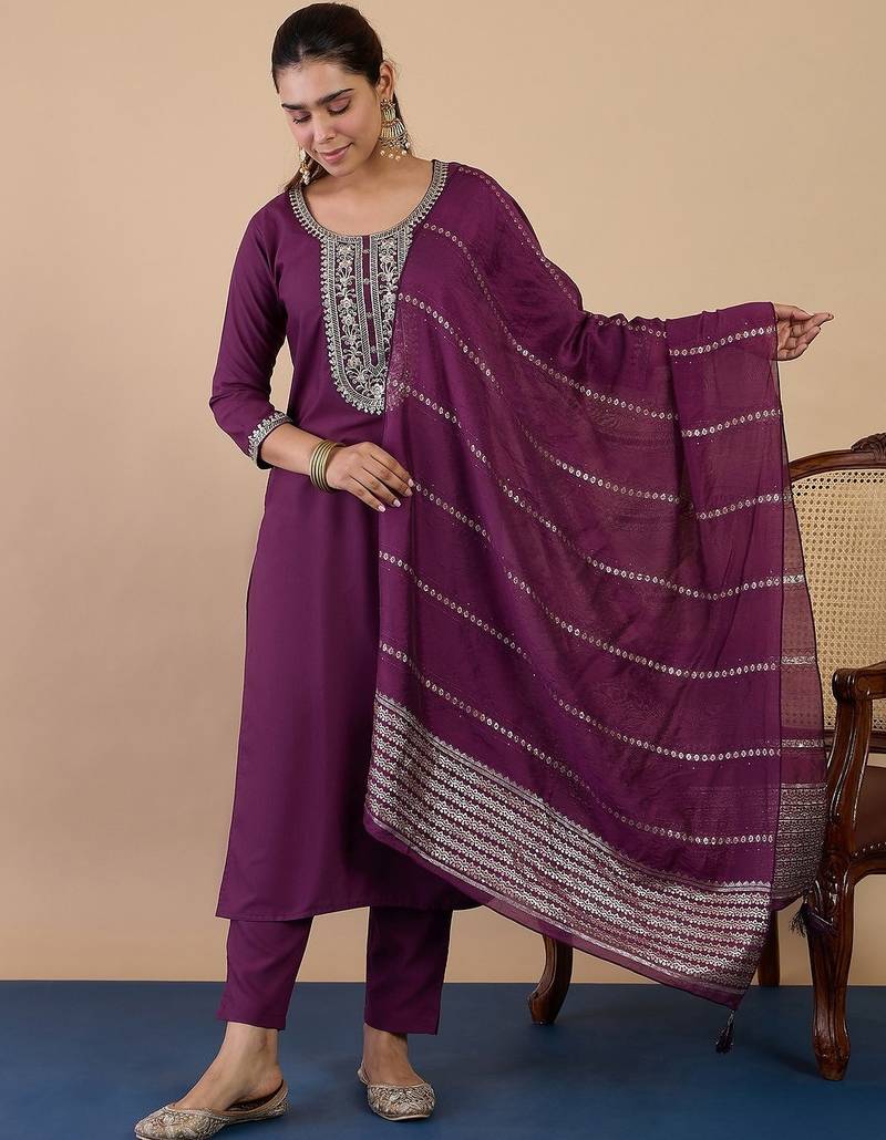 Purple color beautiful embroidered graceful partywear ceremonial suit