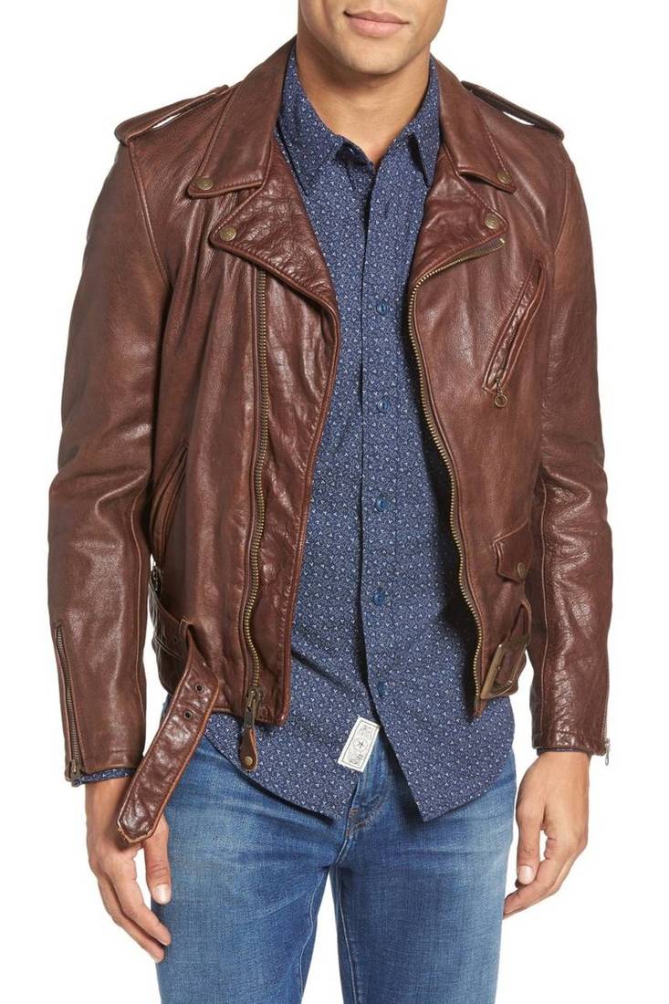 Men's genuine sheep leather jacket motorcycle brown cafe racer style jacket-cl-m012