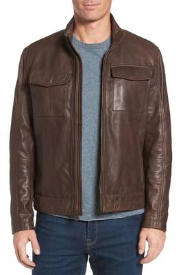 men's brown sheepskin cafe racer jacket band collar racer style exclusive 1