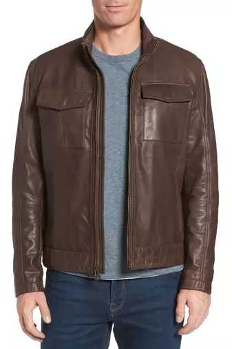 men's brown sheepskin cafe racer jacket band collar racer style exclusive