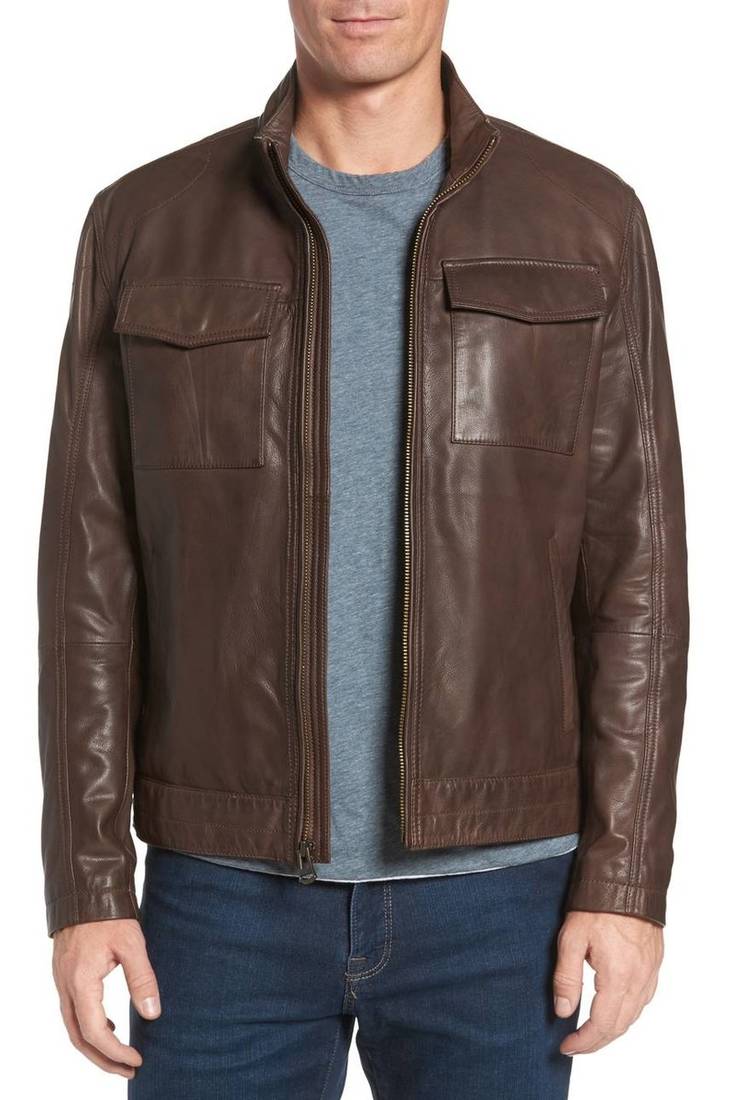 Men's genuine sheep leather jacket motorcycle brown cafe racer style jacket-cl-m013