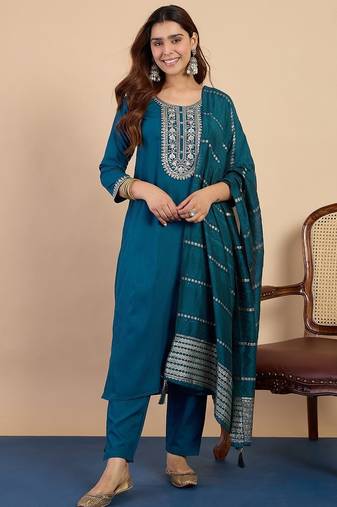 Teal blue color beautiful embroidered graceful partywear ceremonial suit