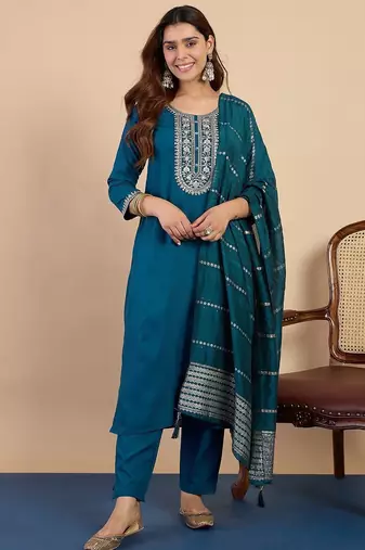 Teal blue color beautiful embroidered graceful partywear ceremonial suit