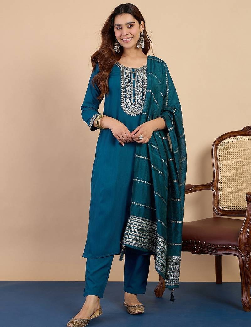 Teal blue color beautiful embroidered graceful partywear ceremonial suit
