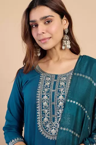 Teal blue color beautiful embroidered graceful partywear ceremonial suit