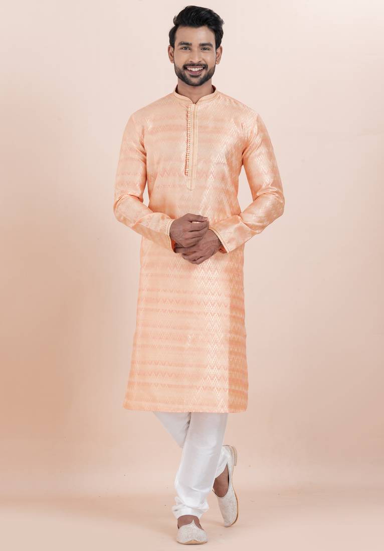 Pink cotton silk jacquard premium designer festive wear kurta pyjama set