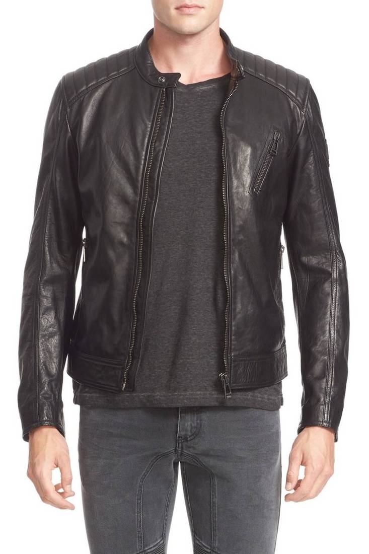 Men's genuine sheep leather jacket motorcycle black cafe racer style jacket-cl-m16
