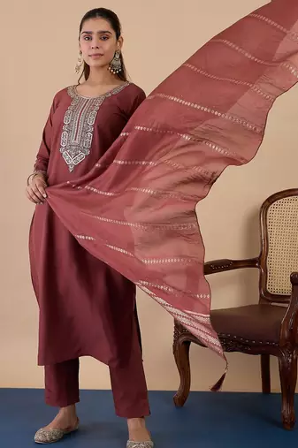 Brown color beautiful embroidered graceful partywear ceremonial suit