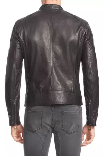 men's black sheepskin cafe racer jacket band collar racer style elegant