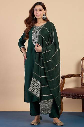 Green color beautiful embroidered graceful partywear ceremonial suit