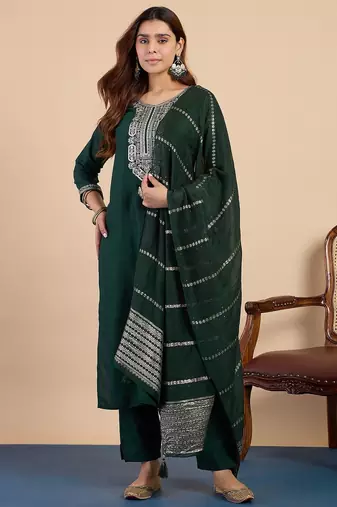 Green color beautiful embroidered graceful partywear ceremonial suit