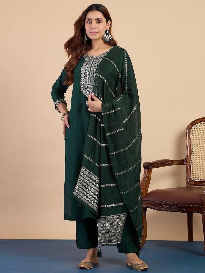 Green color beautiful embroidered graceful partywear ceremonial suit