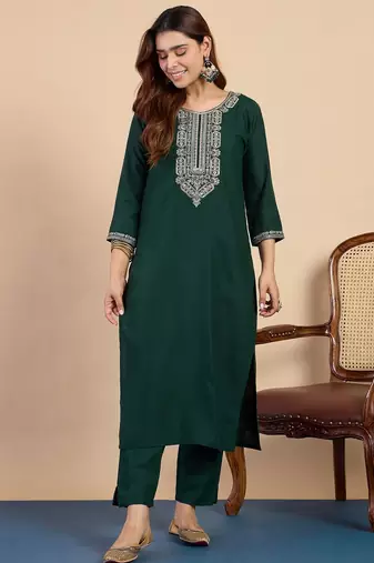 Green color beautiful embroidered graceful partywear ceremonial suit