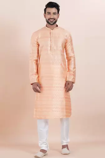 Pink cotton silk jacquard premium designer festive wear kurta pyjama set