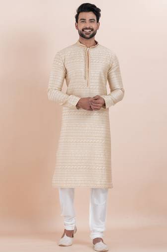 Beige color jacquard silk premium designer festive wear kurta pyjama set