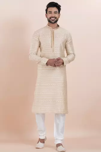 Beige color jacquard silk premium designer festive wear kurta pyjama set