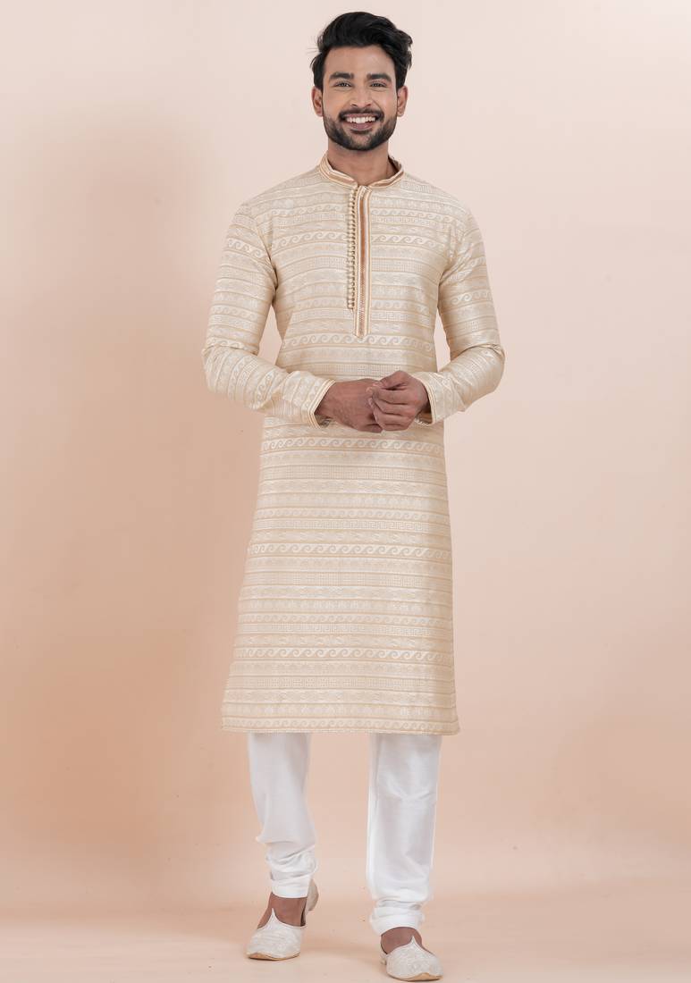 Beige color jacquard silk premium designer festive wear kurta pyjama set