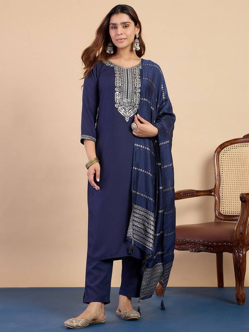 Nevy blue color beautiful embroidered graceful partywear ceremonial suit