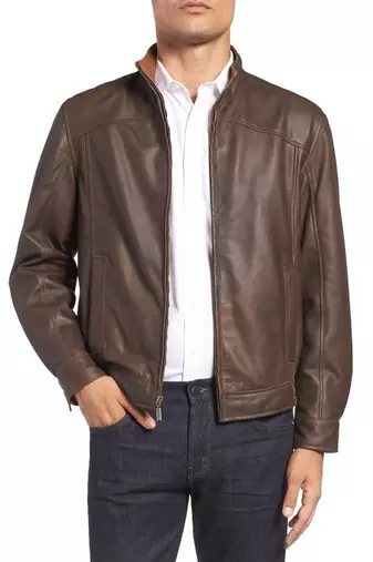 men's brown sheepskin cafe racer jacket band collar racer style stylish
