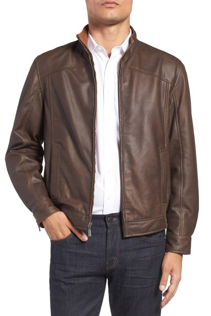 Men's genuine sheep leather jacket motorcycle brown cafe racer style jacket-cl-m19