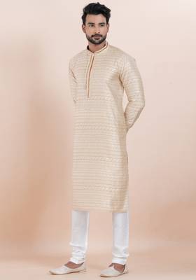 Beige color jacquard silk premium designer festive wear kurta pyjama set 3