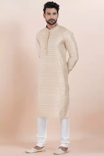 Beige color jacquard silk premium designer festive wear kurta pyjama set
