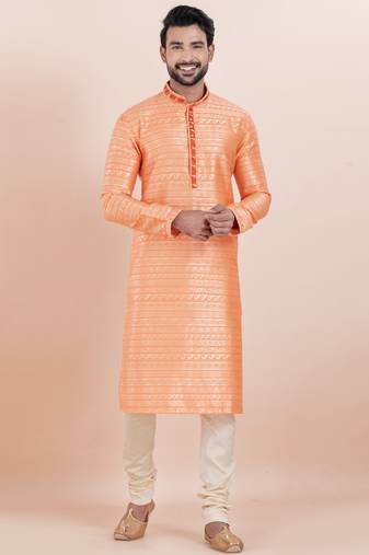 orange color cotton silk jacquard premium designer festive wear kurta pyjama set