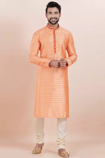 orange color cotton silk jacquard premium designer festive wear kurta pyjama set