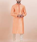 orange color cotton silk jacquard premium designer festive wear kurta pyjama set