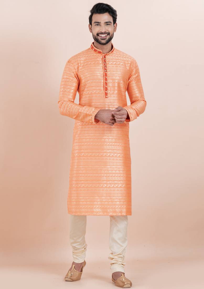 orange color cotton silk jacquard premium designer festive wear kurta pyjama set
