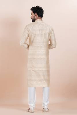 Beige color jacquard silk premium designer festive wear kurta pyjama set 5