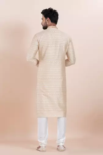 Beige color jacquard silk premium designer festive wear kurta pyjama set