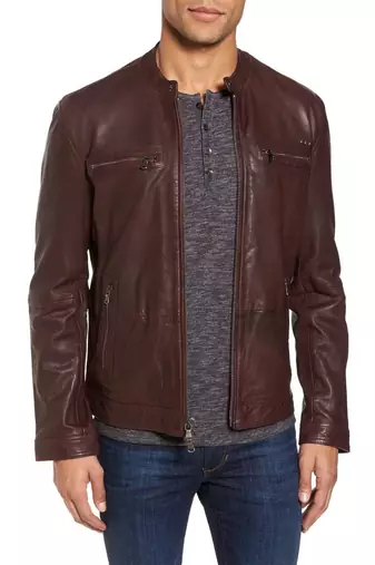 men's brown sheepskin cafe racer jacket band collar racer style authentic