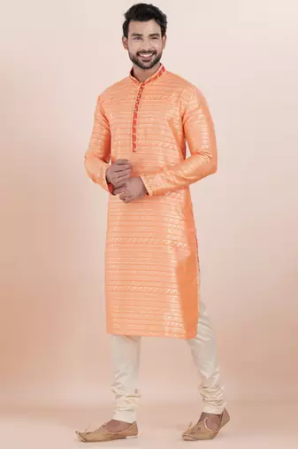 orange color cotton silk jacquard premium designer festive wear kurta pyjama set