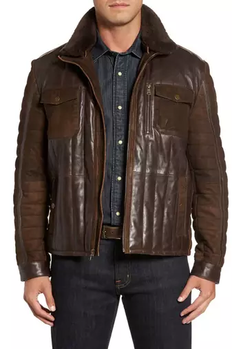 men's brown sheepskin cafe racer jacket band collar racer style genuine