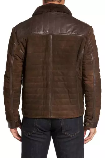 men's brown sheepskin cafe racer jacket band collar racer style genuine