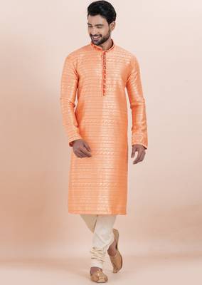 orange color cotton silk jacquard premium designer festive wear kurta pyjama set 3
