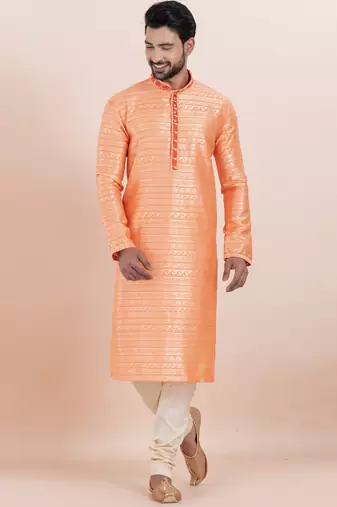 orange color cotton silk jacquard premium designer festive wear kurta pyjama set