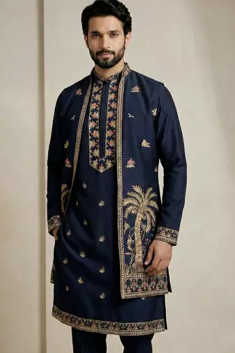 Navy blue doniyar shartin premium designer festive wear kurta pyjama with long jacket set