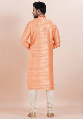 orange color cotton silk jacquard premium designer festive wear kurta pyjama set 4