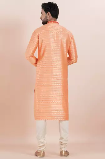 orange color cotton silk jacquard premium designer festive wear kurta pyjama set