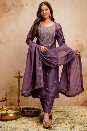 Onion color chanderi viscose fabric designer embroidery work graceful girlie kurta set for party looks