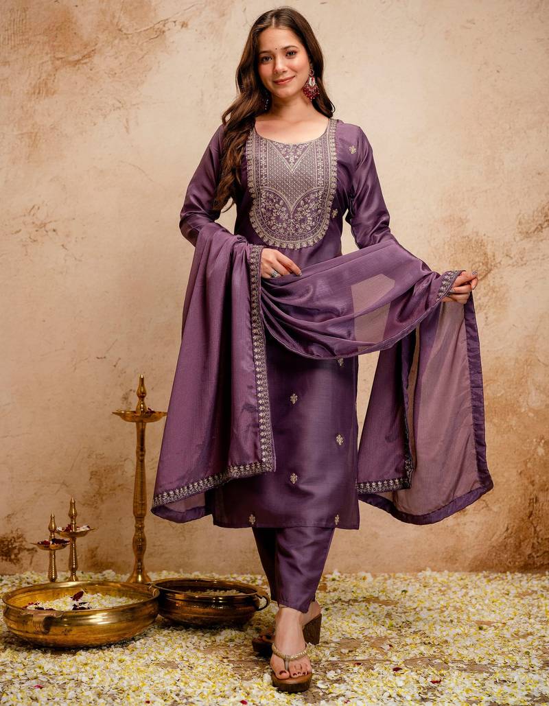 Onion color chanderi viscose fabric designer embroidery work graceful girlie kurta set for party looks