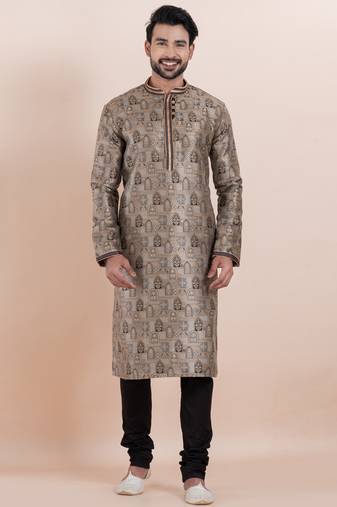 Brown color jacquard silk premium designer festive wear kurta pyjama set