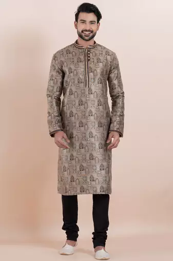 Brown color jacquard silk premium designer festive wear kurta pyjama set