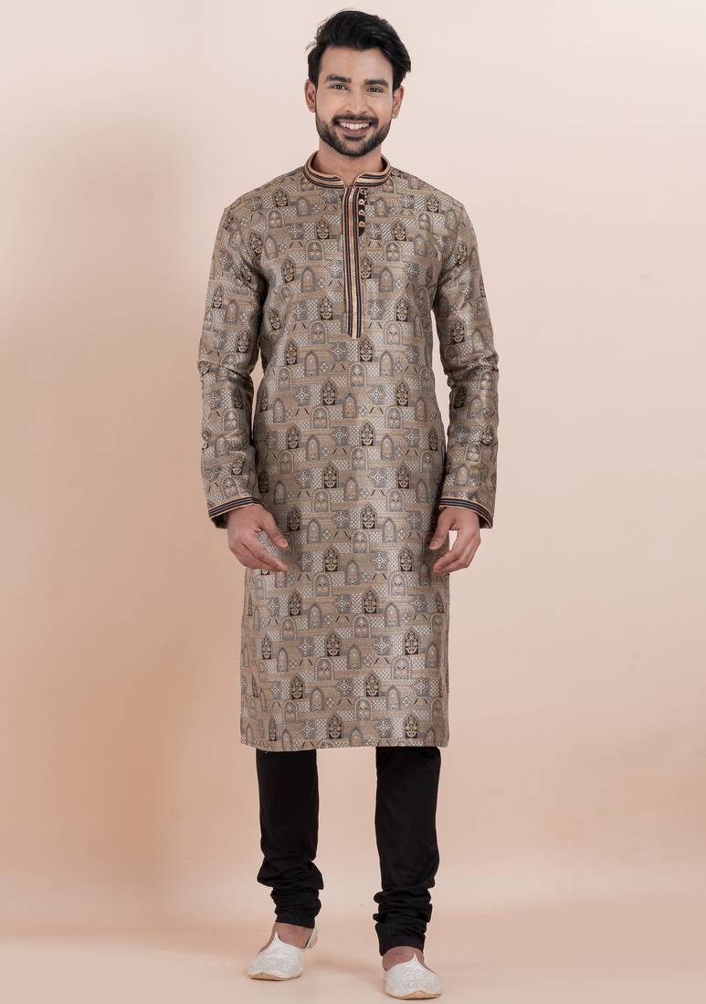 Brown color jacquard silk premium designer festive wear kurta pyjama set