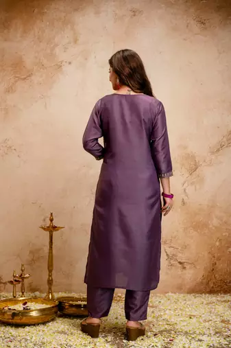 Onion color chanderi viscose embroidery graceful kurta set for party looks