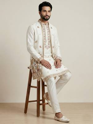 White doniyar shartin premium designer festive wear kurta pyjama with long jacket set 4