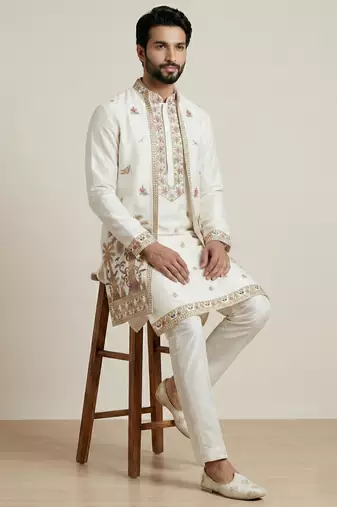 White doniyar shartin premium designer festive wear kurta pyjama with long jacket set