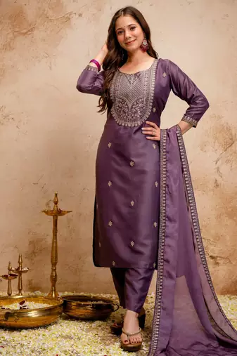 Onion color chanderi viscose embroidery graceful kurta set for party looks